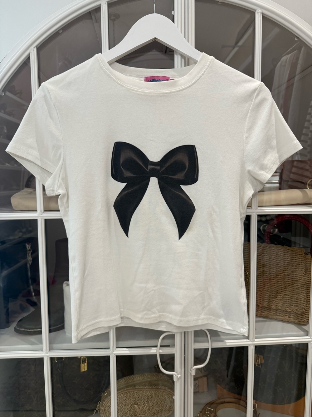 Edikted White Tee with Black Bow Graphic Crop Top